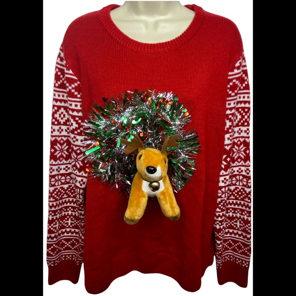 Unbranded Christmas Holiday Jingling Reindeer Knit Sweater Red White XL